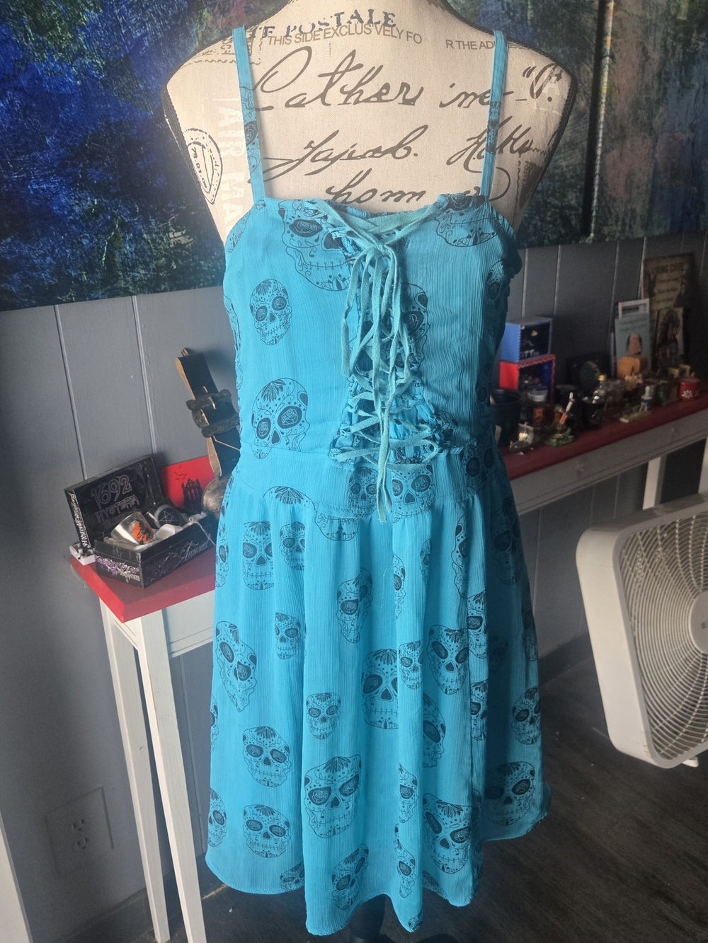 Royal Bones Turquoise Skull Print Spaghetti Strap Dress. Size XL